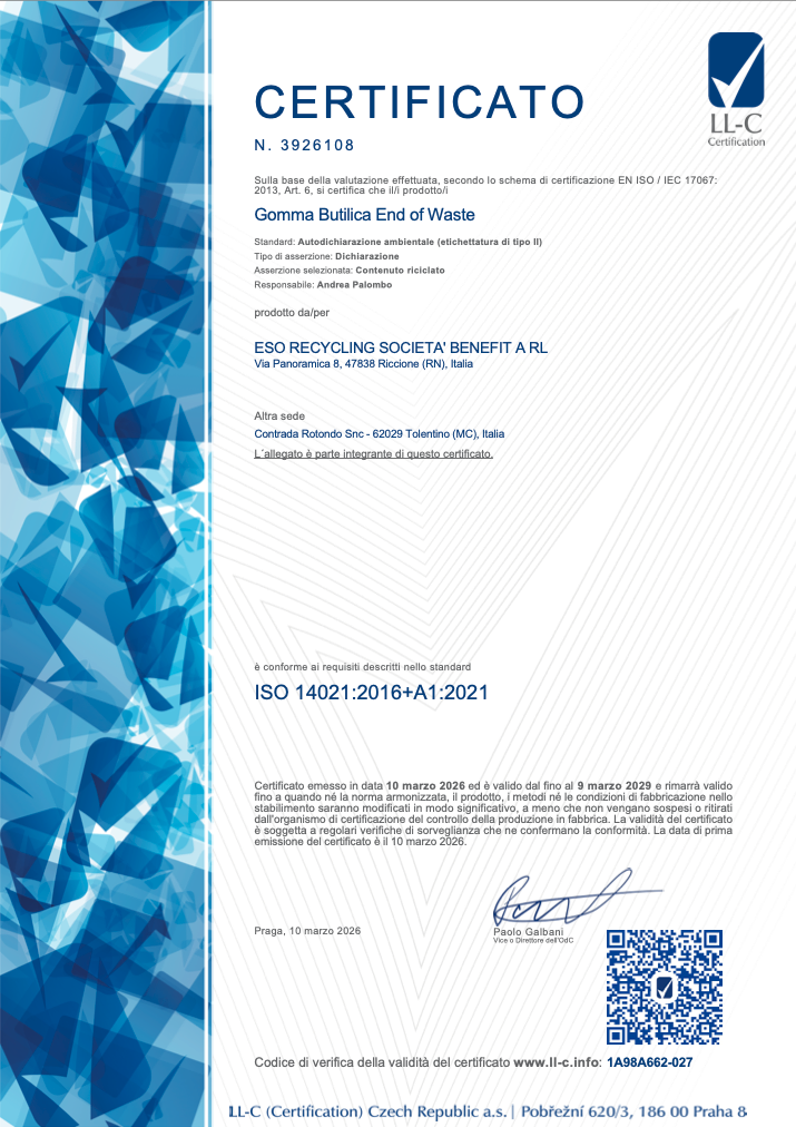 Gomma Butilica End of Waste è ora certificata ISO 14021 - eso recycling